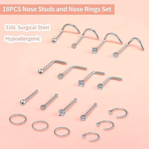 Nose Rings 20G 18G, Nose Stud, 20 Gauge Nose Ring Hoop, Surgical Steel Nose Piercing Jewelry, 18 Gauge Nose Stud Set, L Shaped Nose Ring for Women, Nose Hoop 8mm 10mm 12mm, Body Jewelry for Men, CZ Diamond 1.5mm 2mm 2.5mm 3mm in Kuwait