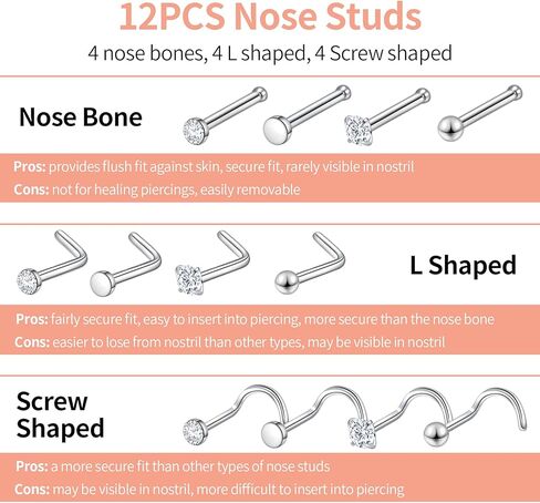 Nose Rings 20G 18G, Nose Stud, 20 Gauge Nose Ring Hoop, Surgical Steel Nose Piercing Jewelry, 18 Gauge Nose Stud Set, L Shaped Nose Ring for Women, Nose Hoop 8mm 10mm 12mm, Body Jewelry for Men, CZ Diamond 1.5mm 2mm 2.5mm 3mm in Kuwait