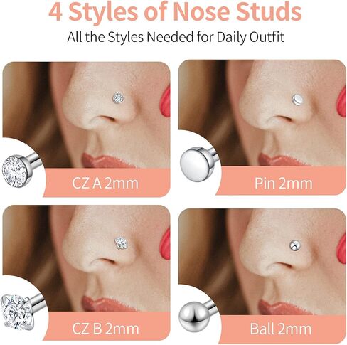 Nose Rings 20G 18G, Nose Stud, 20 Gauge Nose Ring Hoop, Surgical Steel Nose Piercing Jewelry, 18 Gauge Nose Stud Set, L Shaped Nose Ring for Women, Nose Hoop 8mm 10mm 12mm, Body Jewelry for Men, CZ Diamond 1.5mm 2mm 2.5mm 3mm in Kuwait