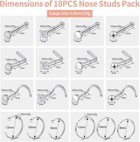 Nose Rings 20G 18G, Nose Stud, 20 Gauge Nose Ring Hoop, Surgical Steel Nose Piercing Jewelry, 18 Gauge Nose Stud Set, L Shaped Nose Ring for Women, Nose Hoop 8mm 10mm 12mm, Body Jewelry for Men, CZ Diamond 1.5mm 2mm 2.5mm 3mm in Kuwait