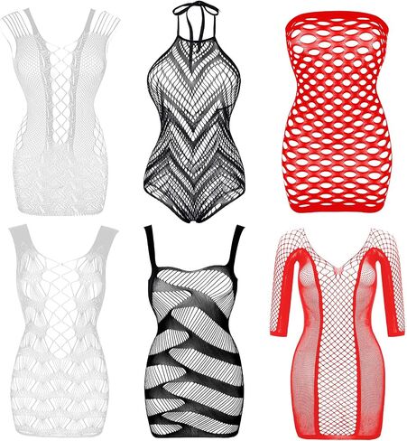 Women's Fishnet Lingerie Lace Fishnet Bodysuits Stockings Mesh Babydoll for Women（6 Pack） in Kuwait