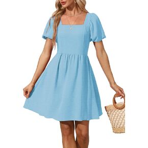 Women Puff Sleeve Square Neck Tie in Back Dresses with Zipper