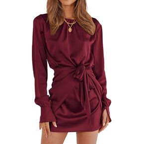 BTFBM Women Casual Long Sleeve Ruched Wrap Dress Crew Neck Tie Waist Short Dresses Solid Party Dresses Satin Cocktail Dress