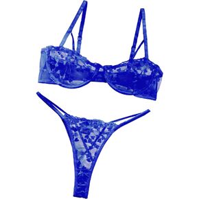 Lilosy Sexy Underwire Cute Push Up Strappy Embroidered Mesh Sheer Lingerie Set See Through Panty Bra