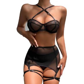 4UFIT 3 Piece Lingerie Set for Women Sexy Sheer Mesh Bra and Panty Sets with Back Lace-up High Waisted Skirt Garter Belt