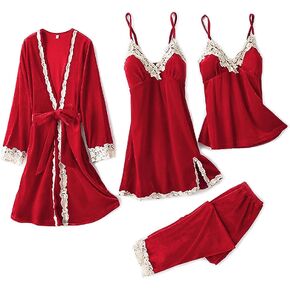 Ktoinpo Sexy Winter Pajamas Set for Women 4pcs Plus Size Women's Soft Pajamas with Robe Sets Velvet Lace Comfy Chubby Pjs