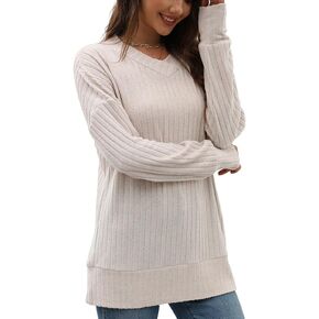 Women's Loose Sweater V Neck Long Sleeve Knit Top Pullover Fashion Sweatshirt