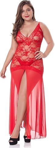 LINGERLOVE Women's Floral Lace Plus Size Babydoll Lingerie Sexy Split Maxi Long Nightgown Dress in Kuwait