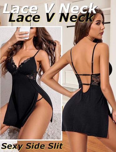 Avidlove Women Lingerie Lace Chemise Sexy Nightgown Modal Babydoll Side Slit Sleepwear in Saudi Arabia