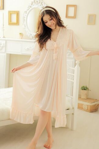 Camellia12 Fantastic Satin Robe Set Lace Chemise Full Slips with Victorian Robe in Saudi Arabia