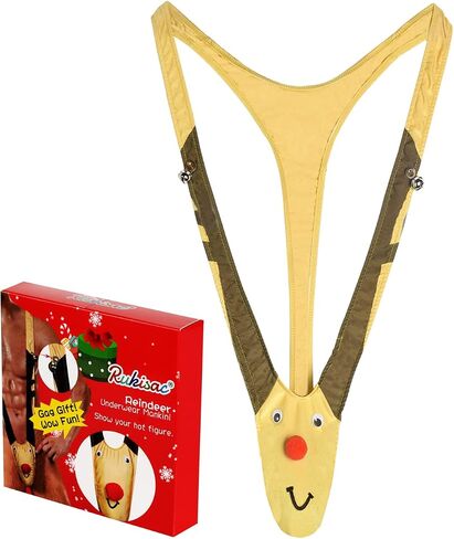 Rukisac Christmas Gag Gift Reindeer Underwear Mankini Men Thong Suits with Bells Pranks for White Elephant Exchange Gifts Valentines Day in Saudi Arabia