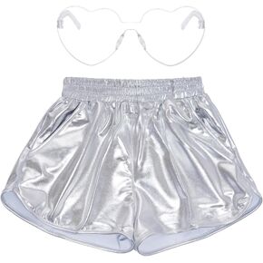 Bskifnn Women's Metallic Shorts with Heart Shape Sunglasses 80s Outfit Glitter Shorts for Party, Yoga, Hallowen, Cosplay