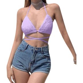 Women Rave Fluffy Fur Triangle Bra Crop Top Sexy Strappy Halter Bandage Camisole for Dance Festival Clubwear