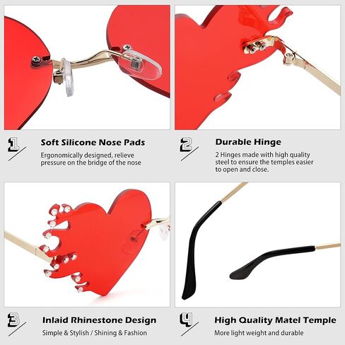نظارات COASION Red Melting Heart Fire Flame للنساء والرجال بدون إطار لأزياء الهالوين مع حجر الراين in Saudi Arabia