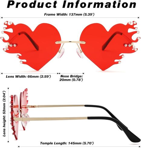 نظارات COASION Red Melting Heart Fire Flame للنساء والرجال بدون إطار لأزياء الهالوين مع حجر الراين in Saudi Arabia
