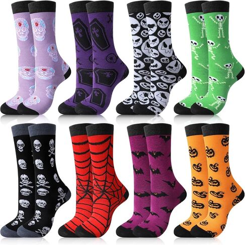 Jiuguva 8 Pairs Mens Halloween Socks Novelty Fun Holiday Ghost Skeleton Bats Spider Web Printed Crew Socks for Men Women in Saudi Arabia