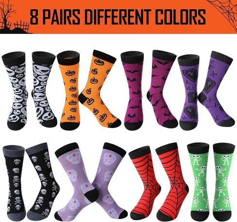 Jiuguva 8 Pairs Mens Halloween Socks Novelty Fun Holiday Ghost Skeleton Bats Spider Web Printed Crew Socks for Men Women in Saudi Arabia