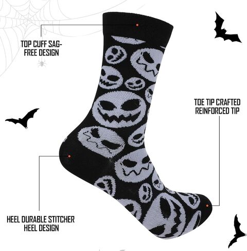 Jiuguva 8 Pairs Mens Halloween Socks Novelty Fun Holiday Ghost Skeleton Bats Spider Web Printed Crew Socks for Men Women in Saudi Arabia