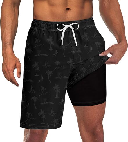 Goodstoworld Men's Funny Swim Trunks with Compression Liner 2 in 1 Quick-Dry 9" Stretch Shorts with Three Pockets in Kuwait