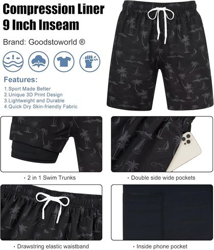 Goodstoworld Men's Funny Swim Trunks with Compression Liner 2 in 1 Quick-Dry 9" Stretch Shorts with Three Pockets in Kuwait