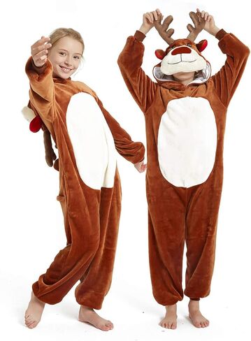 Kid Reindeer Onesie Pajamas Deer Christmas Halloween Costume Boy Girl Animal Onepiece (Pink, 140) in Kuwait