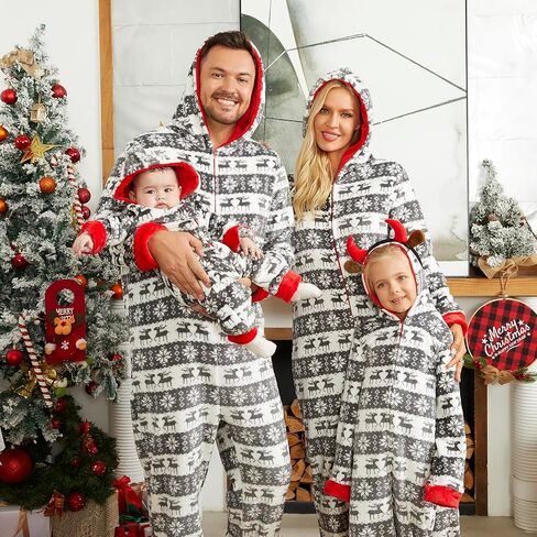 PopReal Christmas Pajamas for Family Onesies Plus Size and Dog, Matching PJs Hoodie Sleeper Snowflake Plush Cozy Warm in Kuwait