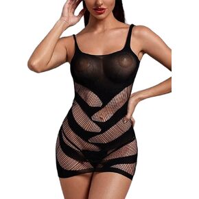Dewinya Women's Fishnet One Size Lace Babydoll Chemise Lingerie Black