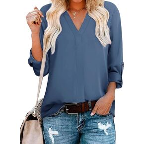 GAMISS المرأة بلايز كم طويل الخامس الرقبة قميص بولو بلوزة عادية بياقة 3/4 الأكمام مع زر in Kuwait