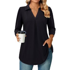 Bulotus Women's 3/4 Sleeve Tunic Shirts Business Casual Blouses V Neck Work Tops