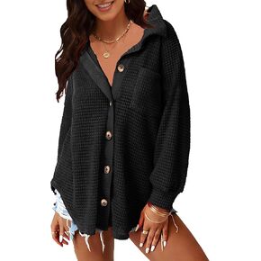 Naggoo Womens Long Sleeve Button Down Shirts Waffle Knit Shacket Jacket Oversized Blouses Tops