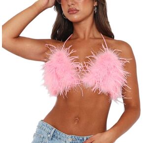 Women Rave Faux Fur Bra Strappy Wrap Around Halter Triangle Crop Top for Dance Music Festival Concert