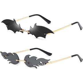 UTTPLL Rimless Fashion Sunglasses Women Men Party Goth Bat Novelty Frameless Glasses Trendy Flame Eyewear UV400 Protection