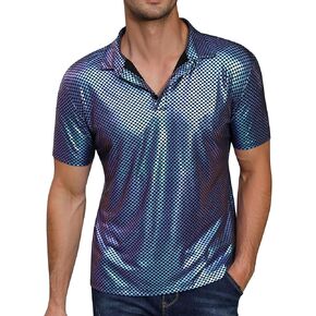 TURETRENDY Men's 70s Disco Shirts Shiny Sequins Short Sleeve Party Polo Shirt Hipster Nightclub Prom Costume T-Shirt