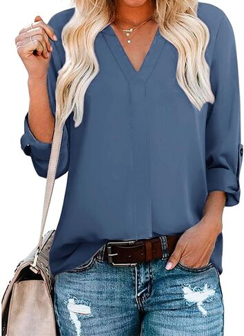 GAMISS المرأة بلايز كم طويل الخامس الرقبة قميص بولو بلوزة عادية بياقة 3/4 الأكمام مع زر in Kuwait