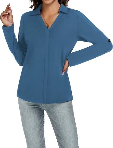 GAMISS المرأة بلايز كم طويل الخامس الرقبة قميص بولو بلوزة عادية بياقة 3/4 الأكمام مع زر in Kuwait