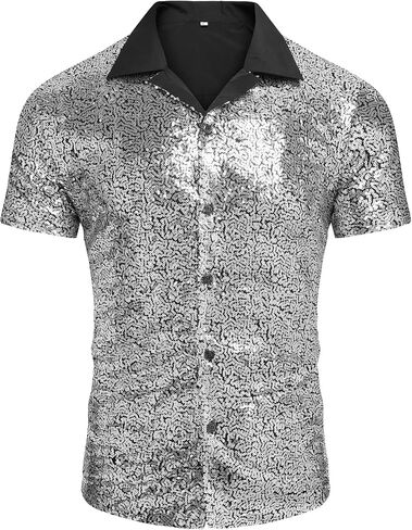 AstoSeu Men's Sequin Dress Shirt 70s Disco Costume Sparkle Party Short Sleeve Button Down Shirts in Kuwait