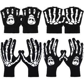 Bencailor 4 Pairs Kids Skeleton Fingerless Gloves Glow in The Dark Children Full Finger Fingerless Gloves Luminous Knit Skull Gloves Winter Warm Gloves for Kids 11-15 Years in Saudi Arabia