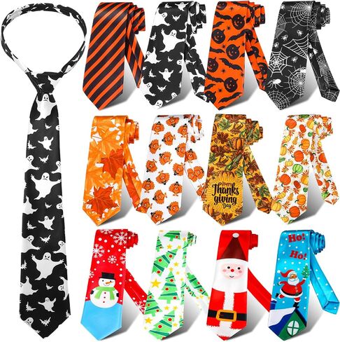 Vicenpal 12 Pcs Halloween Thanksgiving Christmas Tie for Men Decorative Necktie Holiday Tie Santa Spider Webs Ghosts Maple Leaves Pumpkins Tie for Boys Christmas Halloween Thanksgiving Party Costume in Kuwait