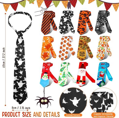 Vicenpal 12 Pcs Halloween Thanksgiving Christmas Tie for Men Decorative Necktie Holiday Tie Santa Spider Webs Ghosts Maple Leaves Pumpkins Tie for Boys Christmas Halloween Thanksgiving Party Costume in Kuwait