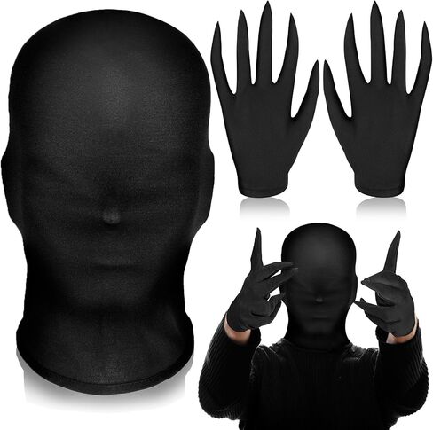 سينتيج قناع كامل للوجه للهالوين بلون اسود واطراف مدببة وقفازات سوداء للجنسين من قطعتين in Kuwait