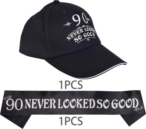 90th Birthday Gifts for Men, 90th Birthday Hat and Sash Men, 90 Never Looked So Good Baseball Cap and Sash, 90th Birthday Party Supplies, 90th Birthday Party Decorations, 90th Birthday Accessories in Saudi Arabia
