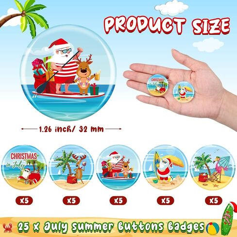 Tigeen 25 Pcs Christmas July Decoration Christmas July Pins Mini Button Pins Summer Buttons Badges Beach Party Accessories Decorations for Xmas Holiday Party Supplies Favors in Saudi Arabia