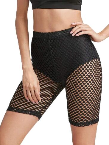 Sofkiny Women's Elastic Fishnet High Waisted Biker Shorts See Through Clubwear Short Leggings in Saudi Arabia