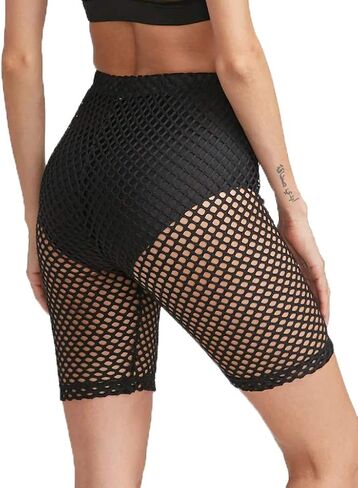 Sofkiny Women's Elastic Fishnet High Waisted Biker Shorts See Through Clubwear Short Leggings in Saudi Arabia