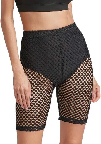Sofkiny Women's Elastic Fishnet High Waisted Biker Shorts See Through Clubwear Short Leggings in Saudi Arabia