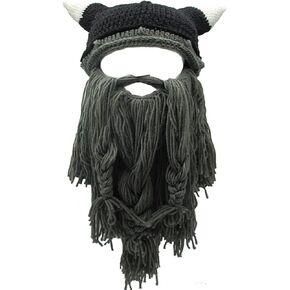 YEKEYI Viking Beard Beanie Horn Hat Winter Warm Mask Knitted Wool Funny Skull Cap