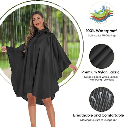 PTEROMY Hooded Rain Poncho for Adult with Pocket and Zipper, Waterproof Lightweight Raincoat for Men and Women in Saudi Arabia