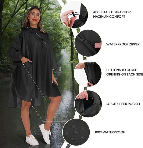 PTEROMY Hooded Rain Poncho for Adult with Pocket and Zipper, Waterproof Lightweight Raincoat for Men and Women in Saudi Arabia
