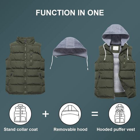 CREATMO US Men's Outdoor Winter Vest Outerwear Removable Hooded Padded Puffer Sleeveless Vest in Kuwait