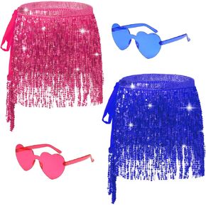 2PCS Sequin Fringe Skirt Belly Dance Hip Scarf Sparkly Tassel Skirt Party Costume Rave Outfit for Women with Heart Sunglasses